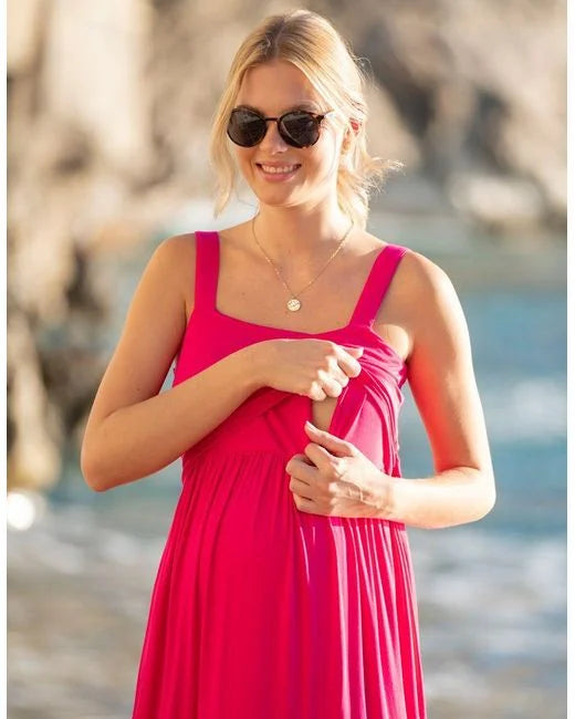 Seraphine Fuchsia Pink Tiered Maternity & Nursing Midi Dress Lotte