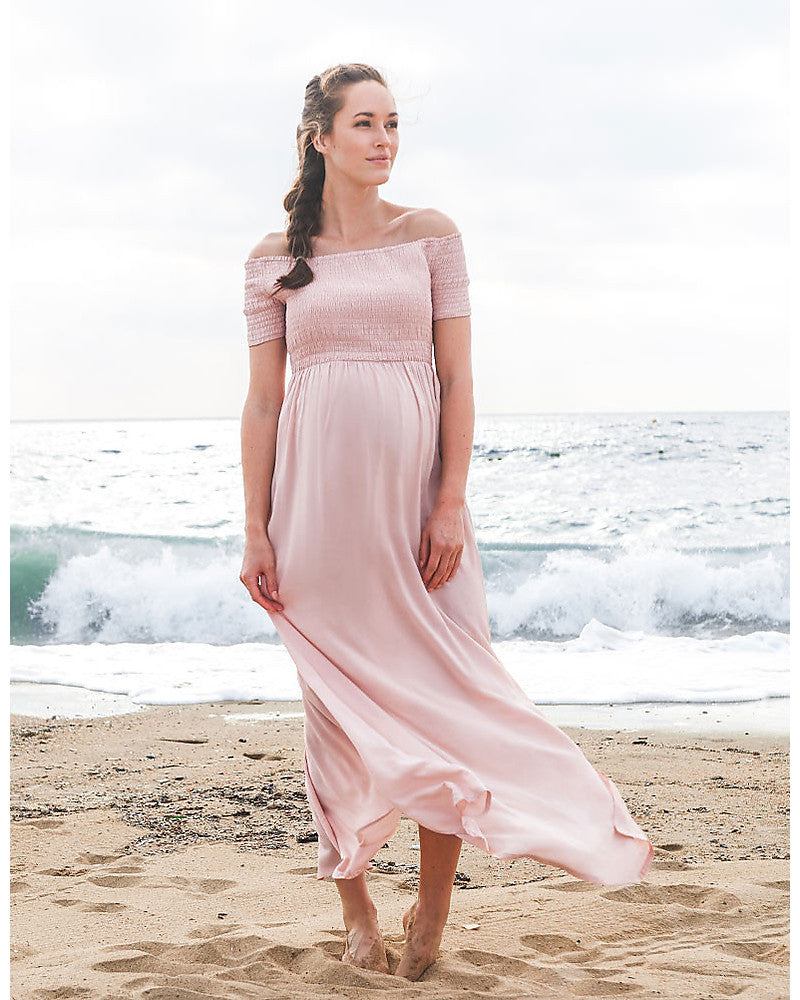 Seraphine Brylee Shirred Off Shoulder Pink Maternity Maxi Dress, Maternity Dresses Canada Nursing Dresses Canada,- Luna Maternity & Nursing