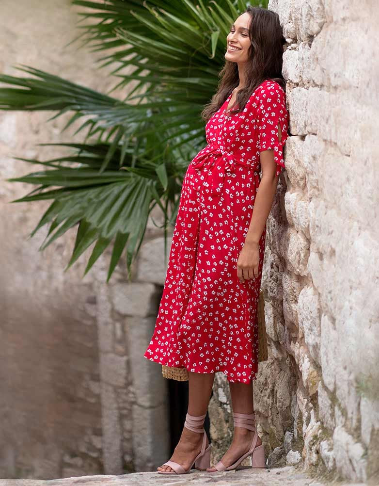 red pregnancy dress Seraphine Red Floral Midi Wrap Maternity Nursing Dress