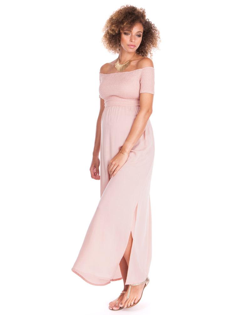 Seraphine Brylee Shirred Off Shoulder Pink Maternity Maxi Dress, Maternity Dresses Canada Nursing Dresses Canada,- Luna Maternity & Nursing