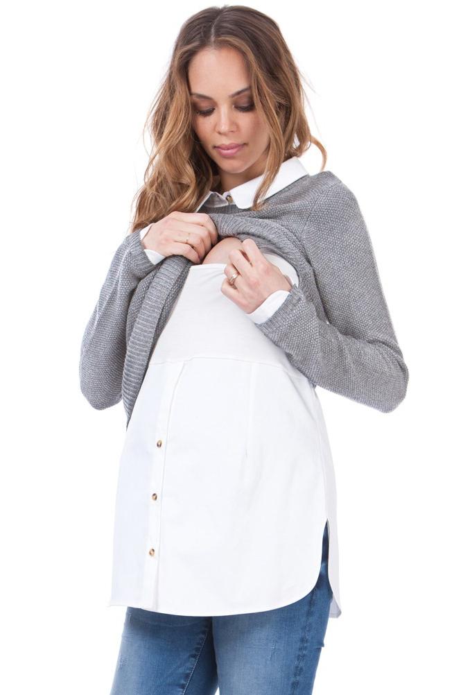 Seraphine Grey Mock Shirt Maternity & Nursing Sweater, Maternity Tops Nursing Tops Canada,- Luna Maternity & Nursing