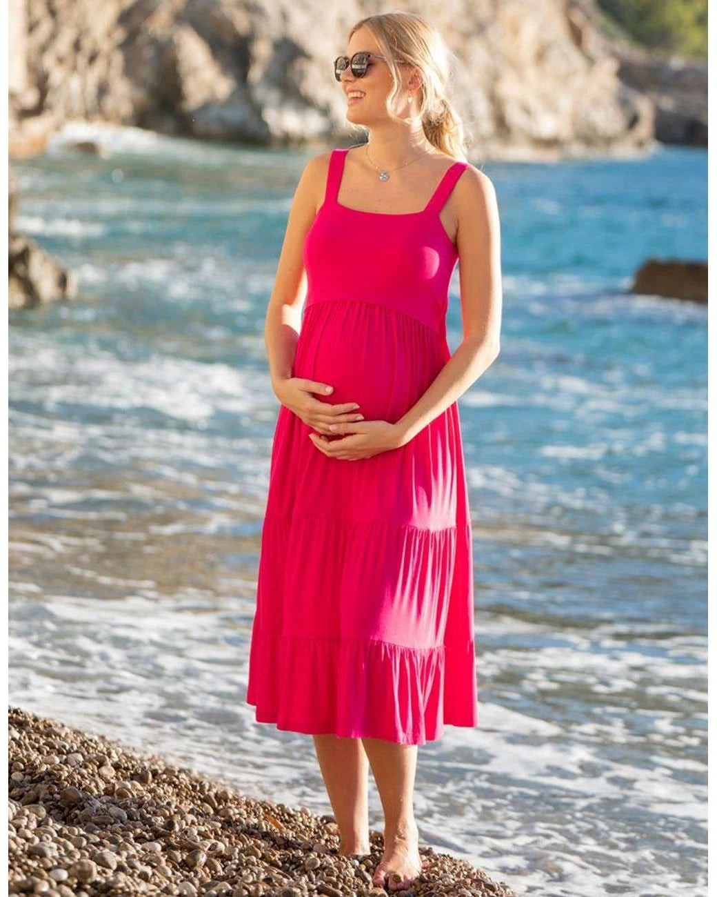 Seraphine Fuchsia Pink Tiered Maternity & Nursing Midi Dress Lotte