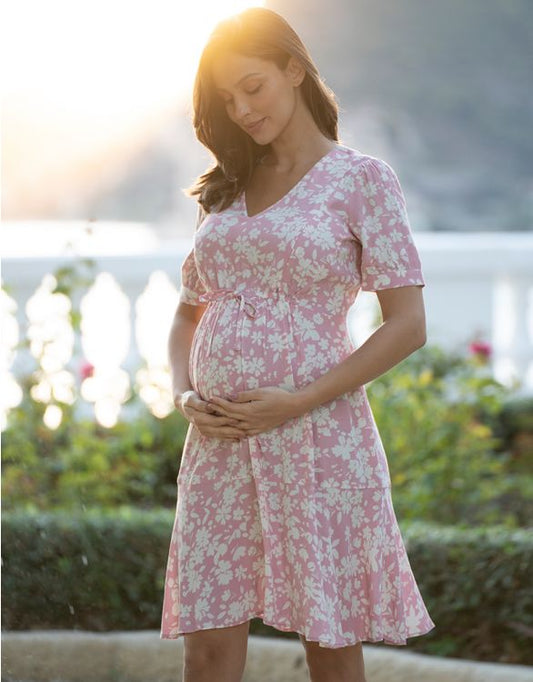 Serahine Pink Floral Fit & Flare Maternity & Nursing Dress Raquelle